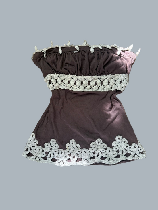 Tops - Strapless Brown Crochet-Trim Tube Top